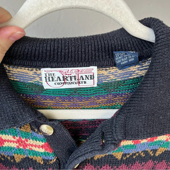 Mens vtg Sweater fair isle Henley collar 90s preppy cottage goblin retro plaid - Picture 7 of 10